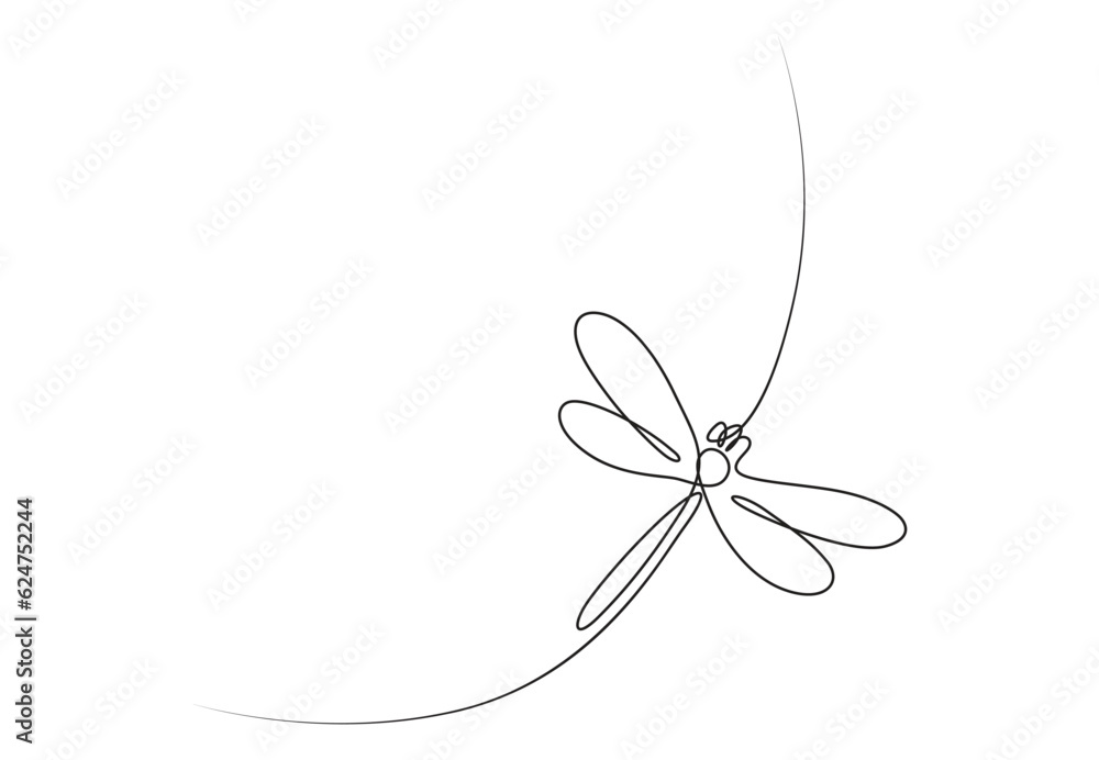 Continuous one line drawing. Flying dragonfly logo. Black and white vector illustration. Concept for logo, card, banner, poster, flyer. Premium vector. - obrazy, fototapety, plakaty 