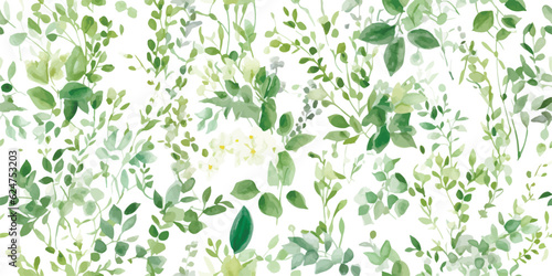 Green floral seamless pattern with plants, watercolor isolated illustration for wallpapers, textile, spring background or greenery garden print