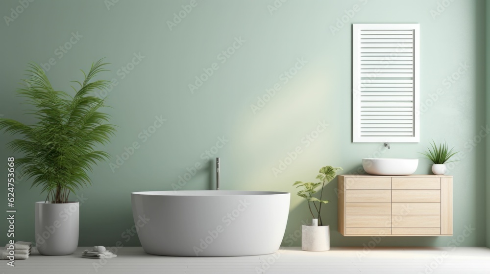 Fototapeta premium Modern bathroom interior design with green walls and a bathtub