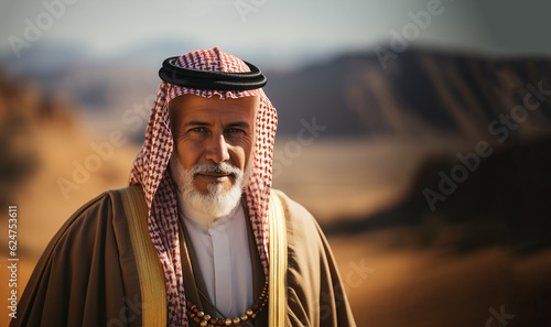 Portrait smiling arabic oil sheikh with blurred desert on the background. Emirates clothes look at camera happy male saudi arab arabic business muslim traditional sheik posing headscarf sheikh face
