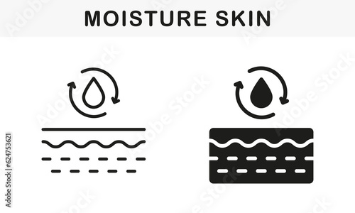 Moisture Skin Line and Silhouette Black Icon Set. Water Drop with Arrow and Skin Layer Pictogram. Skin Absorb Liquid Vitamin, Gel, Serum, Cream Symbol Collection. Isolated Vector Illustration