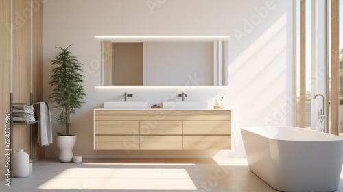 Modern bathroom interior design with white walls  bathtub  and wide mirror