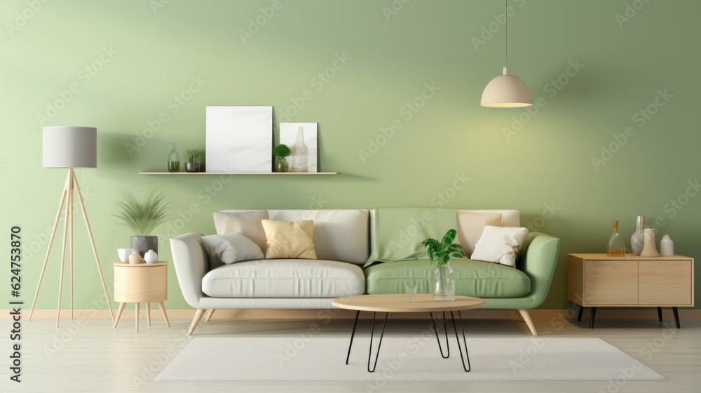 Obraz premium Modern living room interior design with pastel green walls and sofa
