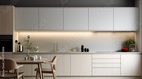 Modern kitchen interior design with white walls and led illumination under cabinets