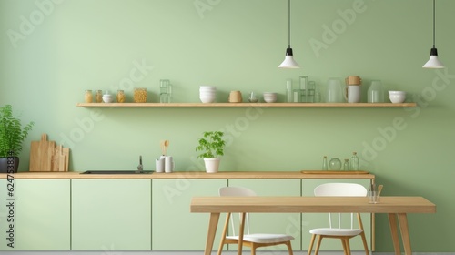 Modern kitchen interior design with pastel green walls and table