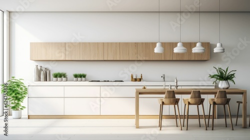Modern kitchen interior design with white walls and bright window light