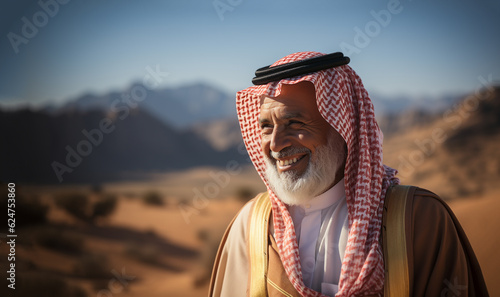 Portrait smiling arabic oil sheikh with blurred desert on the background. Emirates clothes look at camera happy male saudi arab arabic business muslim traditional sheik posing headscarf sheikh face