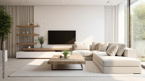 Modern living room interior design with white walls, TV and furniture