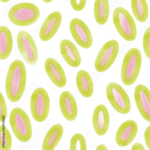 Seamless abstract geometric pattern. Simple background in neon green, white, pink colors. Illustration. Circles, ovals. Design for textile fabrics, wrapping paper, background, wallpaper, cover.