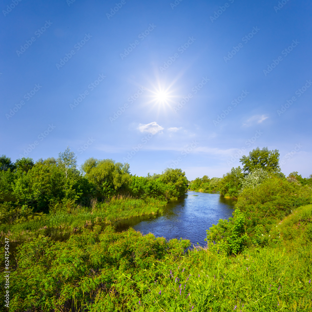 small calm river at summer sunny day, beautiful summer countryside landscape small calm river at summer sunny day, beautiful summer countryside landscape