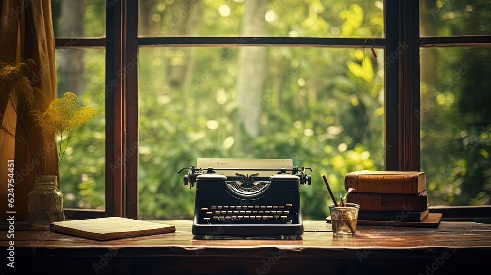 custom made wallpaper toronto digitalTypewriter on the table near the window. Created with Generative Ai technology.