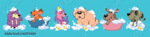 The Cute dog in a bubbles bath in a flat style. Grooming. Pet care illustration for content, label, banner, graphic and greeting card