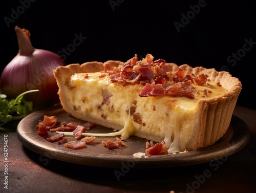 Quiche Lorraine with bacon, cheese, and onion toppings
