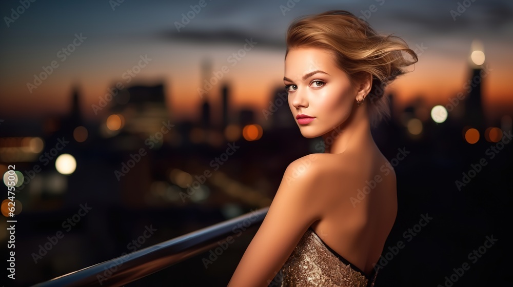 Elegant Evening Portrait Of a Woman With a cityscape..Beautiful girl. Portrait in night city lights. fashion style portrait of young pretty beautiful woman. Generative ai. Elegant Evening Portrait Of a Woman With a cityscape..Beautiful girl. Portrait in night city lights. fashion style portrait of young pretty beautiful woman. Generative ai.