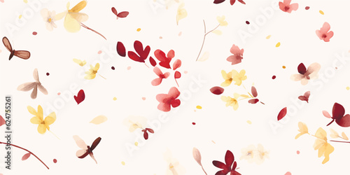 Minimalistic floral pattern of small flowers, petals, flying butterfly and dragonfly, wildlife watercolor print, seamless pattern burgundy and yellow colors, delicate illustration on ivory background
