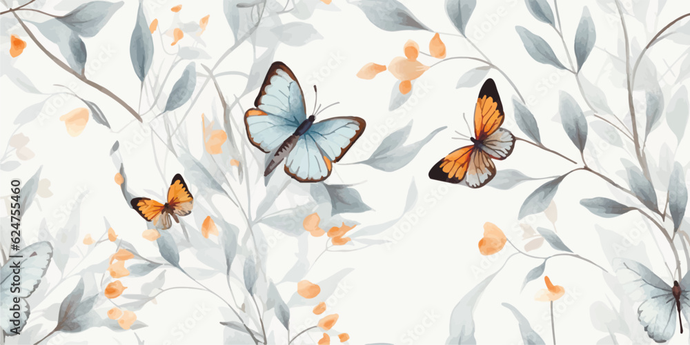 Seamless floral pattern of abstract butterfly and branches with leaves. Watercolor illustration on grey background blue, black and orange colors in vintage style