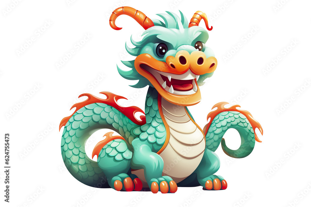 Fototapeta premium cute Chinese dragon, white isolated background PNG, cartoon style, animal designations