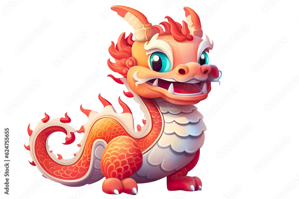 Fototapeta premium cute Chinese dragon, white isolated background PNG, cartoon style, animal designations