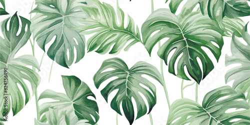 Fototapeta Naklejka Na Ścianę i Meble -  Seamless floral pattern of leaves Monstera plant, watercolor isolated foliage print for background, tropical textile, wallpapers or exotic decorative pattern