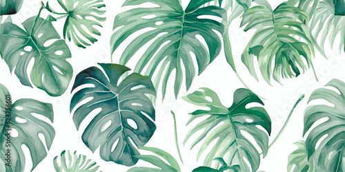 Seamless floral pattern of leaves Monstera plant, watercolor isolated foliage print for background, tropical textile, wallpapers or exotic decorative pattern
