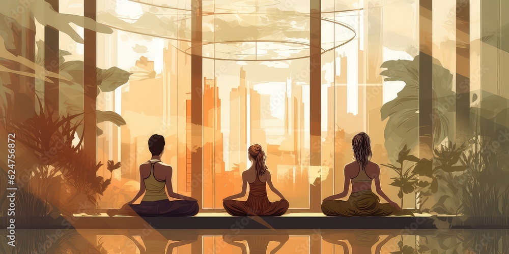 Generative AI. Vector illustration of people doing yoga outdoors. International yoga day concept. 