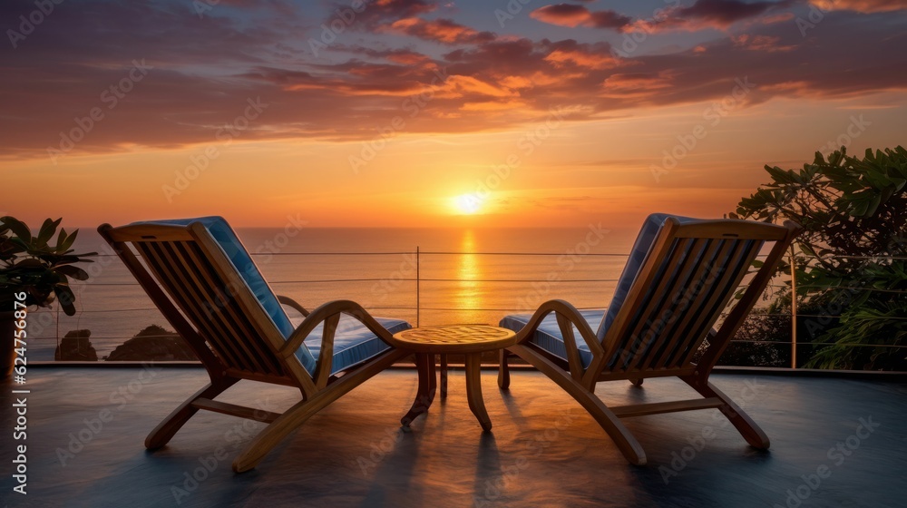 Vacation illustration of two deck lounge chaird on a terrace with a pool with a stunning view on sunset at the ocean Vacation illustration of two deck lounge chaird on a terrace with a pool with a stunning view on sunset at the ocean