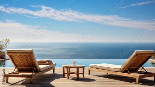 Vacation illustration of two deck lounge chaird on a terrace with a pool with a stunning view on an endless sea