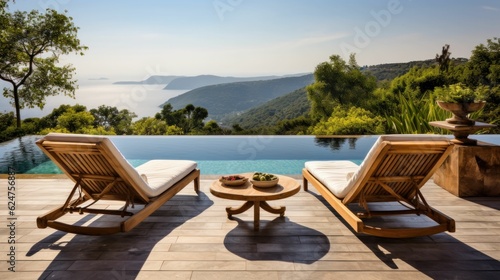 Vacation illustration of two deck lounge chaird on a terrace with a pool with a stunning view on mountains and clouds