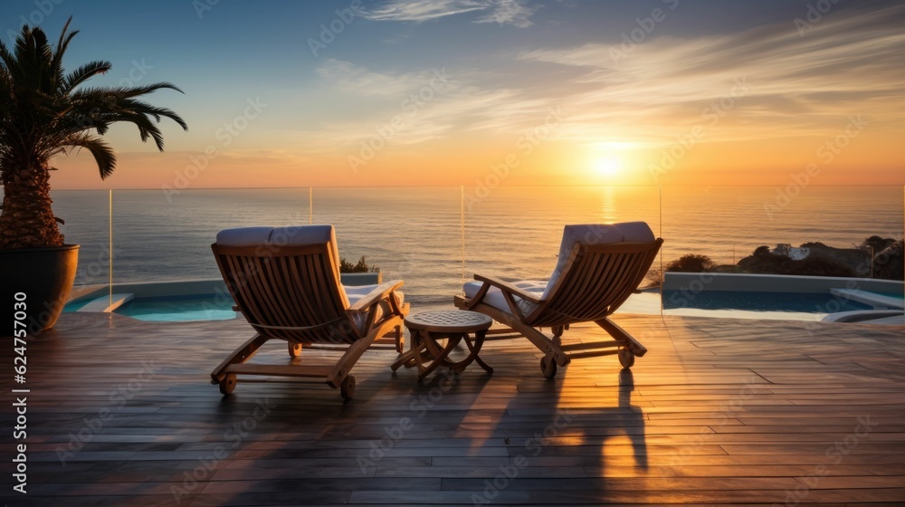 Lounge chairs at sunset on terrace with a pool with a stunning view of Maldives sea