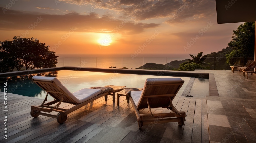 Lounge chairs at sunset on terrace with a pool with a stunning view of tropical ocean
