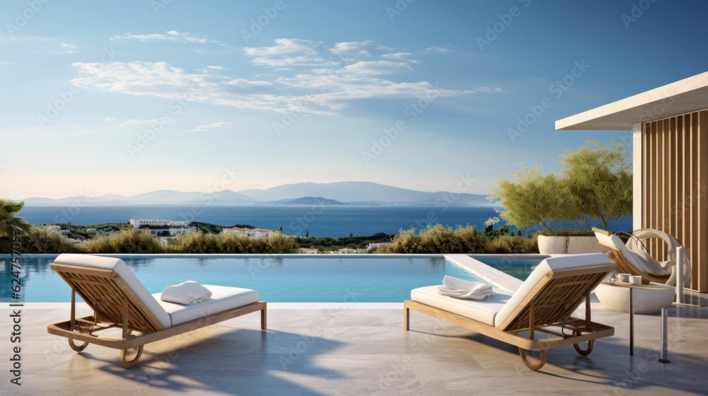Lounge chairs at sunset on terrace with a pool with a stunning view of mountains and sky