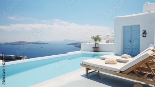Lounge chairs at sunset on terrace with a pool with a stunning view of Greek landscape © Generative Professor