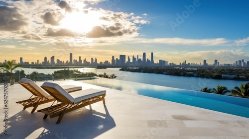 Lounge chairs at sunset on terrace with a pool with a stunning view of modern city