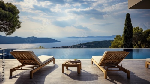 Lounge chairs at sunset on terrace with a pool with a stunning view of sea and mountains