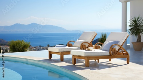 Lounge chairs at sunset on terrace with a pool with a stunning view of mediterranian nature  sea and mountains
