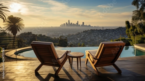 Lounge chairs at sunset on terrace with a pool with a view over a megapolis city