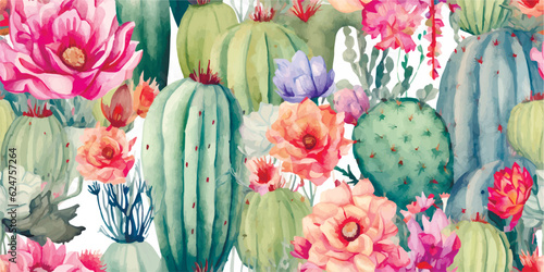 Seamless floral pattern with cacti, succulents and flowers. Watercolor garden, mexican colorful print