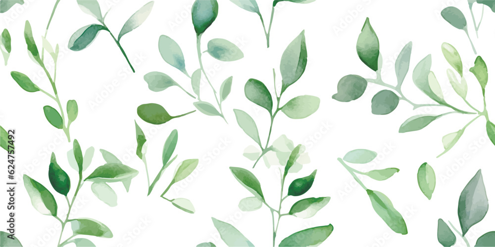 Seamless floral pattern with green leaves on branches, watercolor illustration isolated on white background