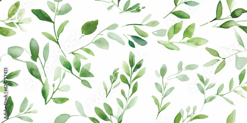 Seamless floral pattern with green leaves on branches, watercolor illustration isolated on white background