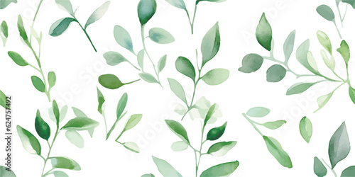 Seamless floral pattern with green leaves on branches, watercolor illustration isolated on white background