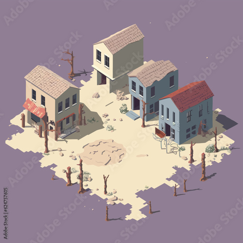 Abandoned Ghost Town isometric vector flat isolated illustration