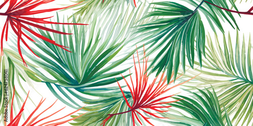 Tropical seamless pattern of colorful palm leaves red wax palm Cyrtostachys renda , watercolor isolated illustration for textile, background, wallpapers or your design floral © Eli Berr