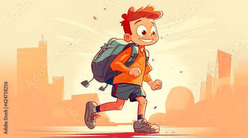 Happy boy runs to school, generative AI. photo