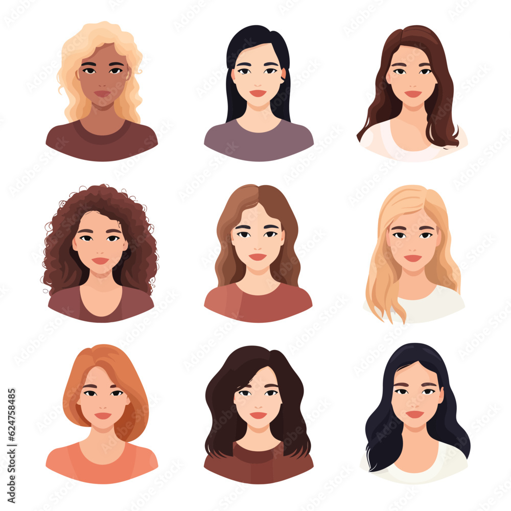Portrait of Women with Different Hair set vector isolated illustration Portrait of Women with Different Hair set vector isolated illustration