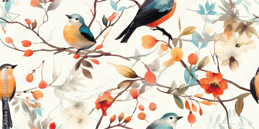 Wildlife abstract pattern, colorful seamless print with birds, flowers, leaves and berries on tree branches. Watercolor autumn illustration on white background