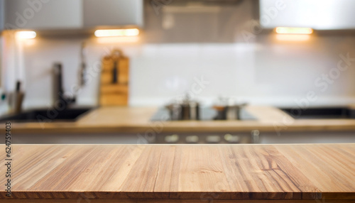 Wood table top on blur the background of the kitchen. - can be used for display your products or promotional and advertising posters