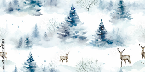 Winter Christmas pattern with snow, christmas tree, trees and deers, watercolor illustration landscape, wildlife seamless background