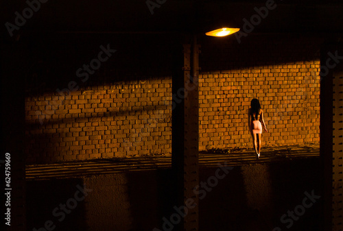 A prostitute in a dark place under a lantern. The girl is waiting for the client at night, under the lamp. photo