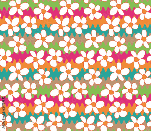 Hand Drawn Doodle Style Vector Flowers Colorful Zigzag Background Seamless Vector Pattern