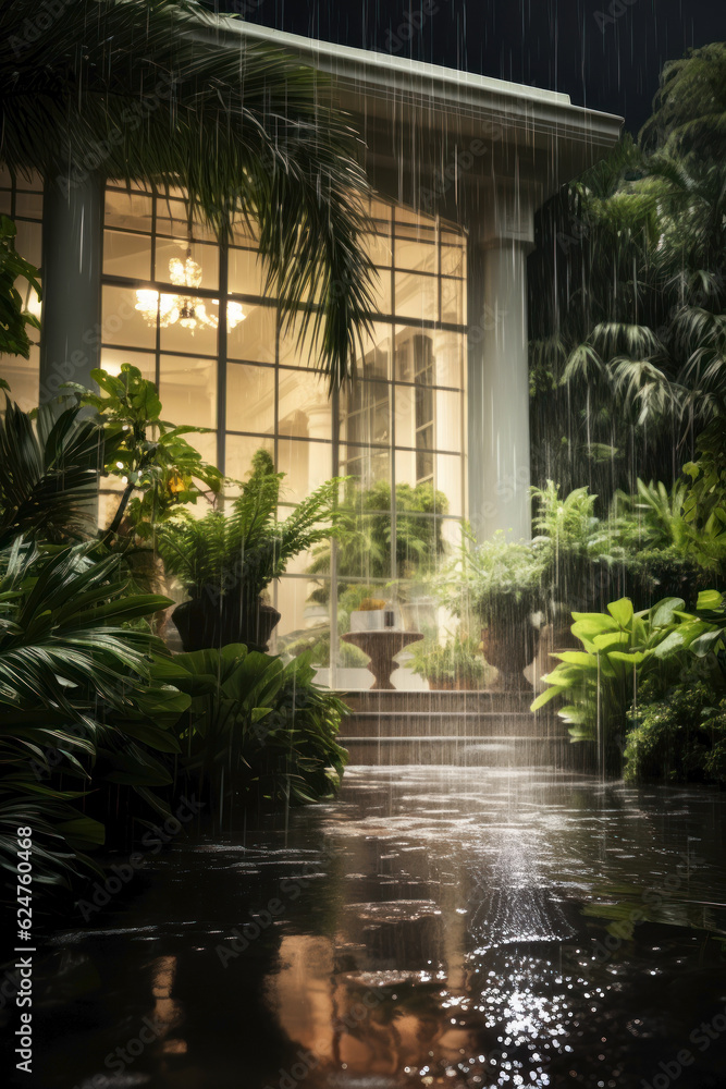 Rain and thunder in the courtyard of a colonial-style mansion. Photorealistic illustration of Generative AI.